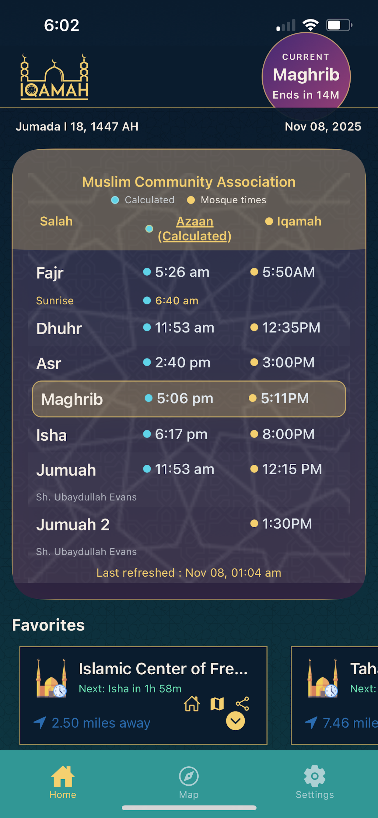 Iqamah map screen showing nearby masajid