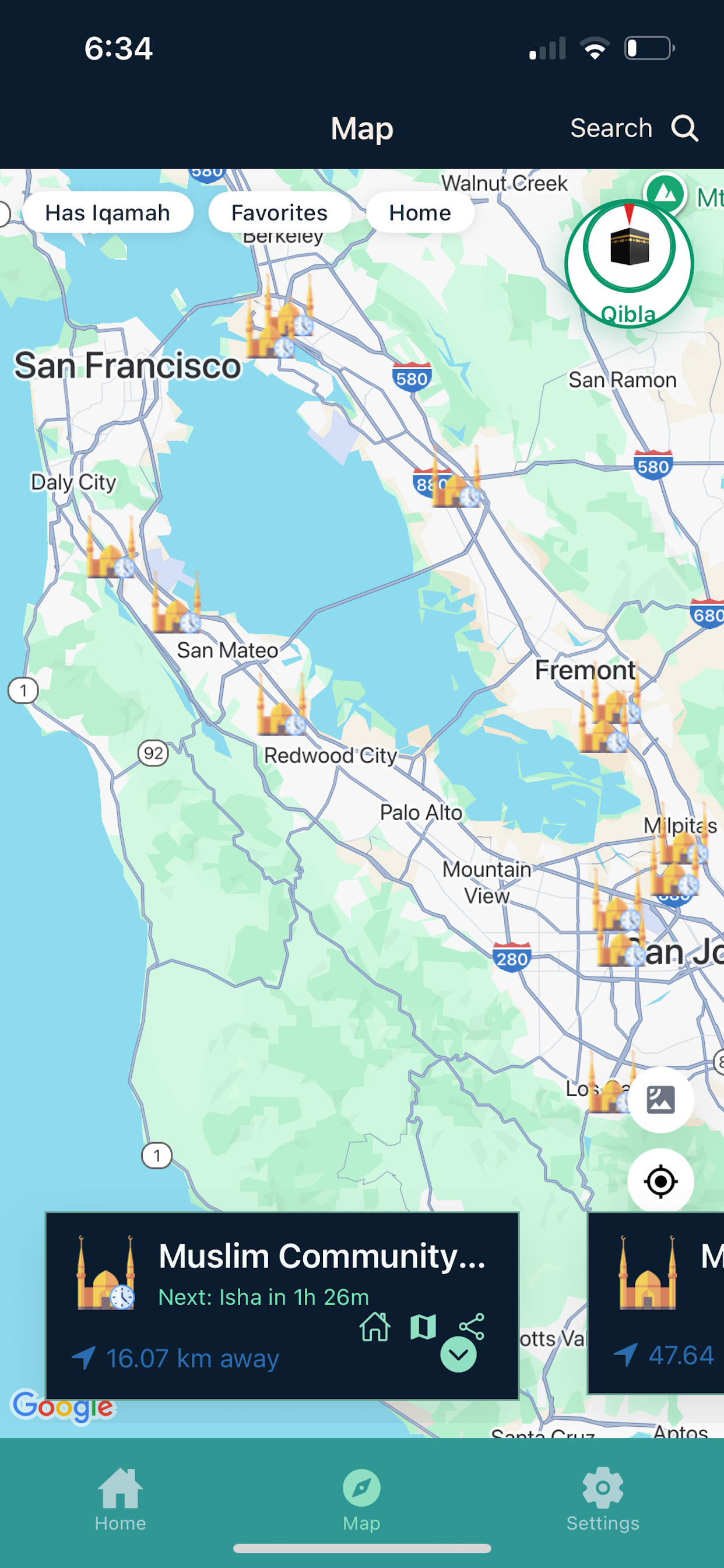Iqamah Qibla compass screen with alignment guidance