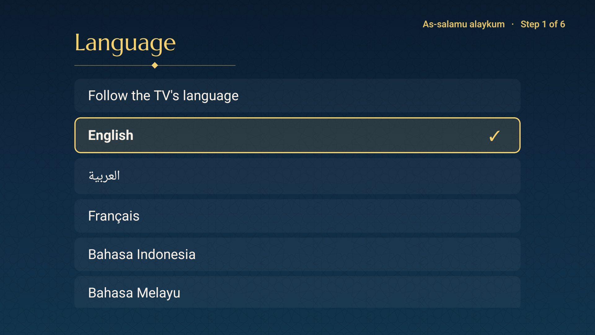 The guided setup on TV, beginning with language